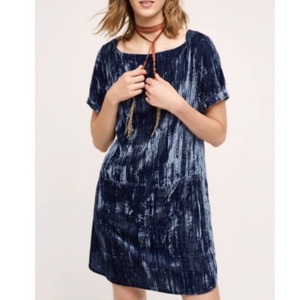 Anthropologie Floreat Crushed Velvet Blue Mini Dress XS